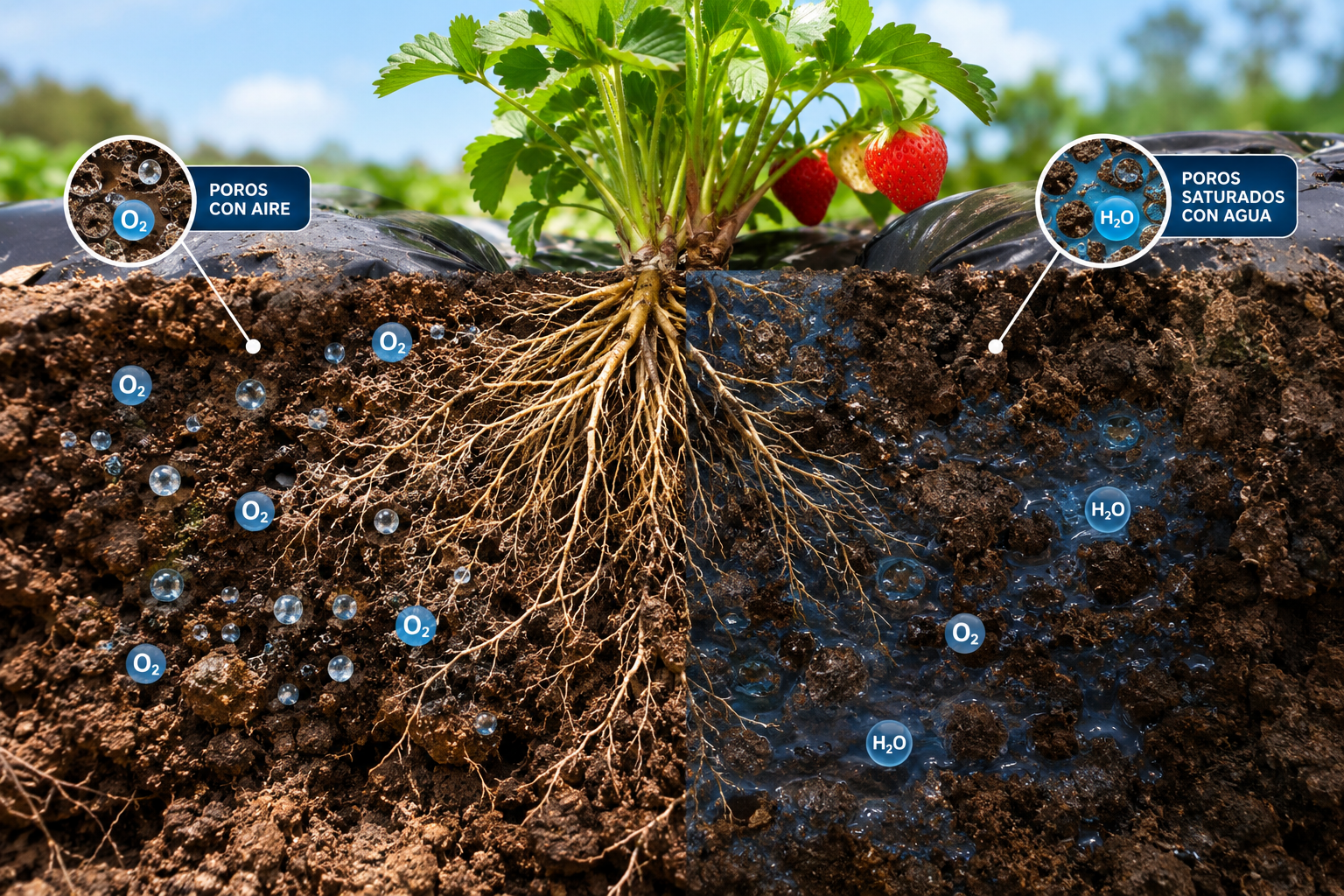 Hipoxia radicular en frutilla: exceso de agua y falta de oxígeno